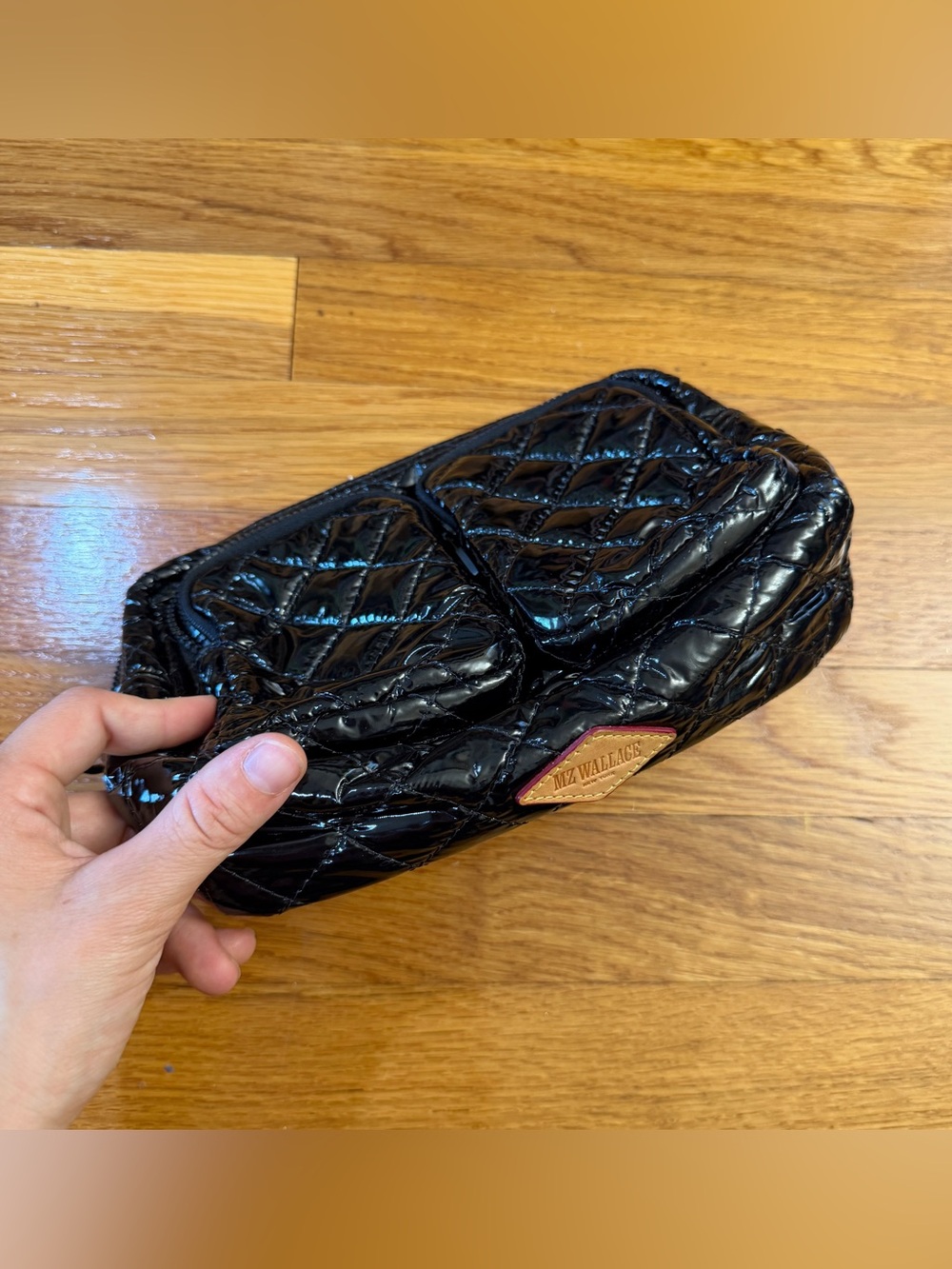 MZ Wallace Large Savoy Cosmetic Bag Patent Leather Quilted Glossy Black